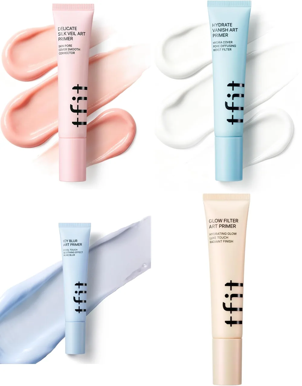 The four TFIT Art Primers: Delicate Silk Veil, Hydrate Vanish, Icy Blur and Glow Filter