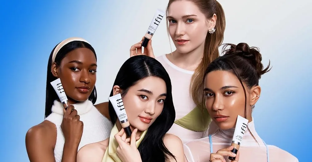 Four models holding tubes of TFIT Radiance Fit Serum Foundation