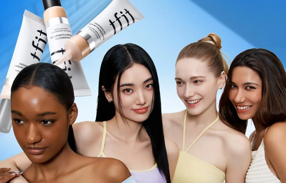 Four models of different skin depths with TFIT Radiance Fit Serum Foundation tubes